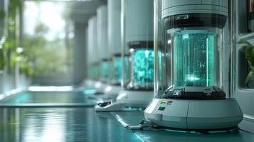 Futuristic laboratory with transparent containers holding glowing substances and plants. photo