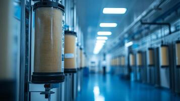 Industrial corridor with cylindrical filters in a clean, organized environment. photo