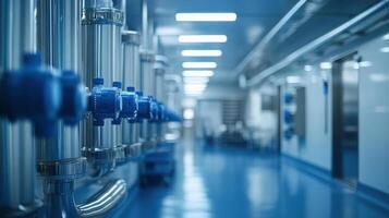 Industrial corridor featuring metallic pipes and smooth blue flooring, suggesting a clean environment. photo