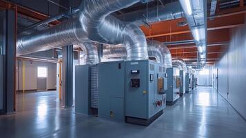 Industrial facility with large ventilation ducts and machinery for air processing. photo