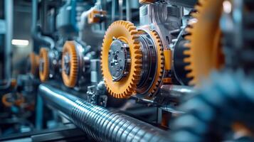 Industrial machinery featuring gears and pipes, emphasizing mechanical engineering and design. photo