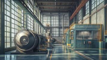 Industrial interior showcasing machinery and equipment in a large, well-lit factory space. photo