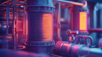 Industrial machinery with glowing elements, showcasing pipes and tanks in a complex setup. photo