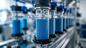 Industrial equipment with blue filtration elements in a manufacturing setting. photo