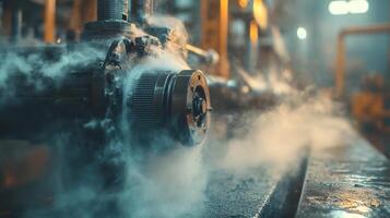 Industrial machinery with steam, showcasing a dynamic environment in a factory setting. photo