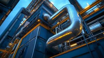 Industrial facility showcasing large metallic pipes and structures under blue lighting. photo