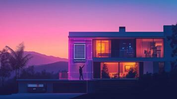 Modern house illuminated by vibrant colors at sunset, showcasing smart technology features. photo