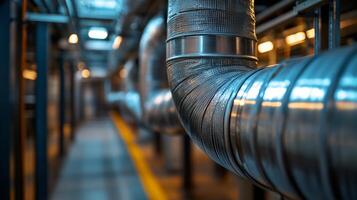 Industrial setting with large metal ducts creating a perspective view. photo