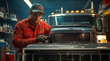 Mechanic working on a truck in a workshop, focused on repairs and maintenance tasks. photo