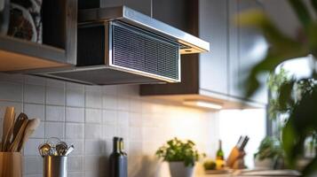 Modern kitchen hood above a countertop with plants and utensils in a stylish setting. photo