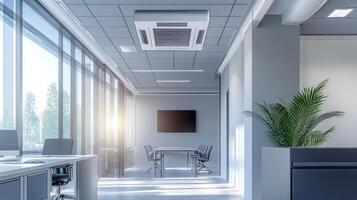 Modern office interior with large windows, meeting area, and air conditioning unit. photo
