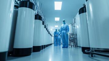 Scientists in protective gear working in a sterile laboratory filled with gas cylinders. photo