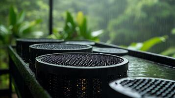 Rainwater collection system with filters, showcasing nature and sustainability. photo