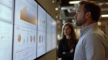 A man and woman looking at a large screen with graphs photo