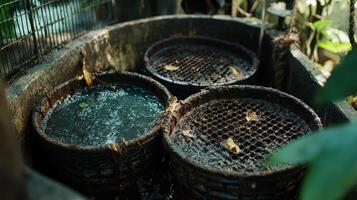 Three circular baskets in a water-filled container, surrounded by greenery and debris. photo