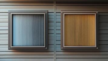 Two air filters displayed side by side, one with a blue hue and the other in a warm wood tone. photo
