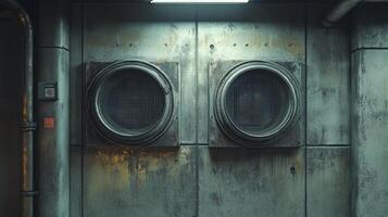 Two large circular vents on a weathered metal wall in an industrial setting. photo