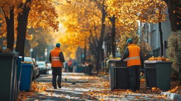 Two workers in orange vests collect waste on a leaf-covered street in autumn. photo