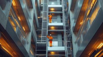 Two workers in orange uniforms ascend an elevator shaft in a modern building. photo