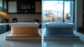 Two contrasting air filters showcasing different stages of use and cleanliness. photo