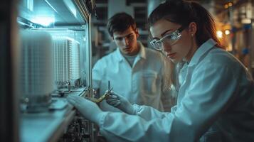 Two scientists working in a laboratory, focused on equipment and research tasks. photo