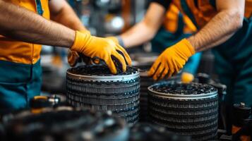 Two workers assembling mechanical components in a factory setting. photo