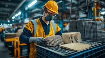 Worker assembling materials in a factory setting, focused on production tasks. photo