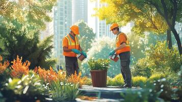Two workers in safety gear tending to plants in a vibrant urban garden. photo