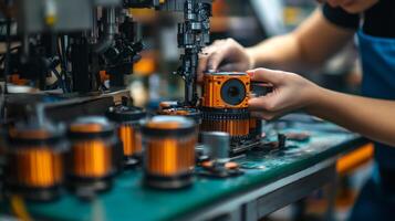Worker assembling components on a production line in a factory setting. photo
