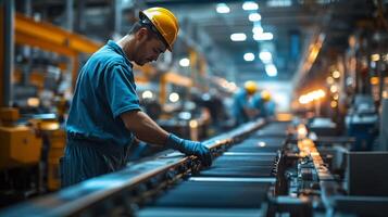 Worker in a factory setting, focused on machinery on a production line. photo