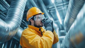 Worker in safety gear inspecting industrial machinery in a facility. photo