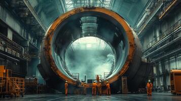 Workers in an industrial setting around a large circular structure, possibly for manufacturing. photo