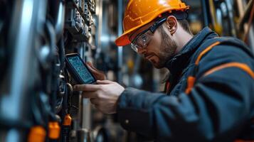 Worker in safety gear using a device in an industrial setting for monitoring or control. photo