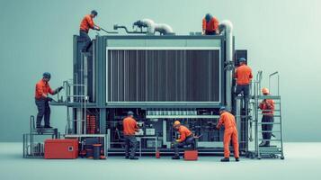 Workers assembling a large industrial machine in a modern setting. photo