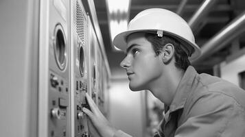 A man in a hard hat looking at a panel photo