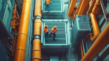 Workers in safety gear operate machinery in an industrial setting with vibrant pipes. photo