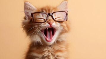 A cat wearing glasses and yawning photo