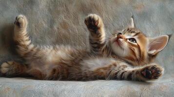 A kitten laying on its back with its paws up photo