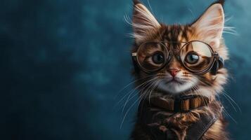 A cat wearing goggles on a blue background photo