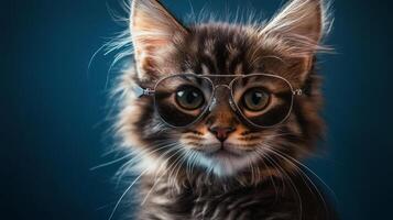 A cat wearing sunglasses on a blue background photo