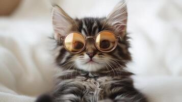 A kitten wearing sunglasses on a bed photo