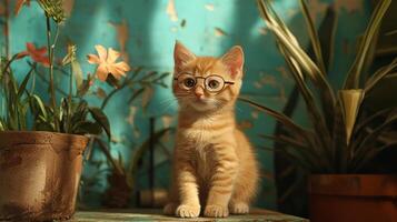 A kitten wearing glasses sits on a table next to a plant photo