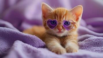 A kitten wearing purple heart shaped glasses photo