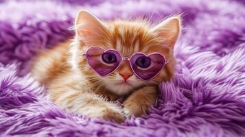A cute little kitten wearing purple glasses photo
