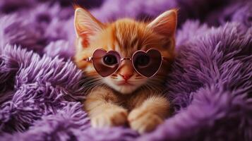 A kitten wearing sunglasses laying on a purple blanket photo