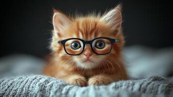 A cat wearing glasses on a blanket photo