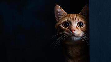 A cat peeking out from behind a wall photo