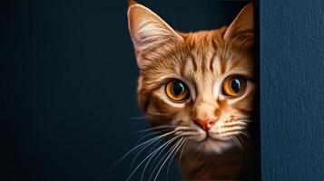 An orange tabby cat peeking out from behind a blue wall photo