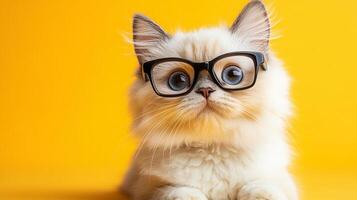 A cat wearing glasses on a yellow background photo