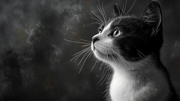 Black and white cat looking up at the sky photo